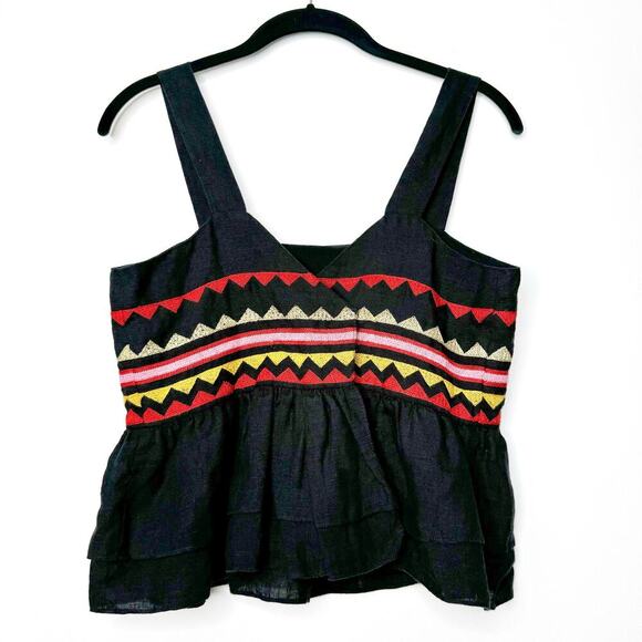 Carolina K Linen Embroidered Double Ruffle Peplum Black Sleeveless Top Small - Picture 3 of 7